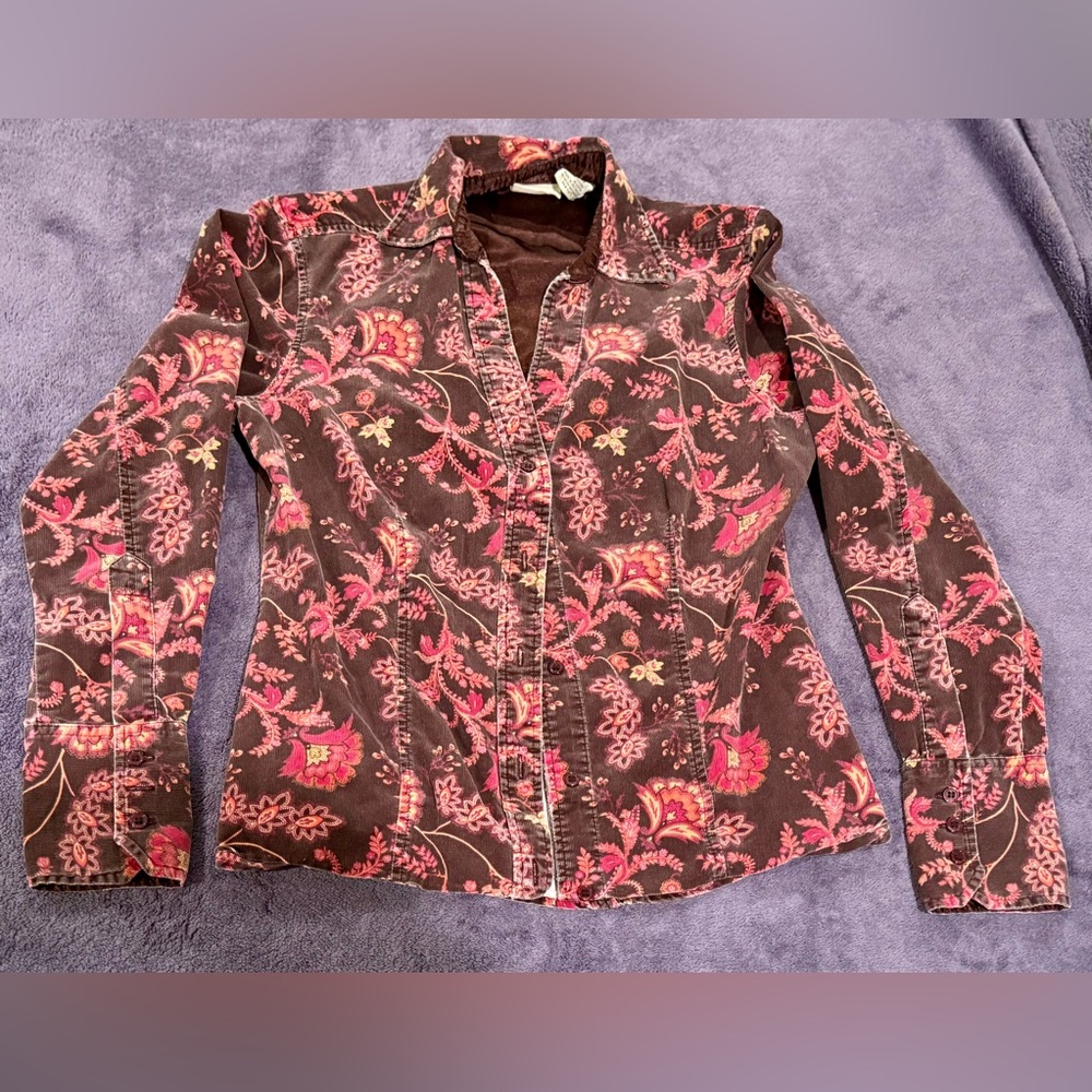 St. John's Bay Brown and Pink Floral Button Down Shirt